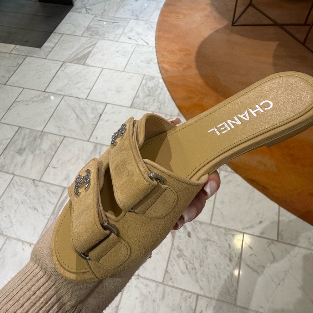 CHANEL Tan Slide Sandals with Silver Accents - Picture 3 of 5